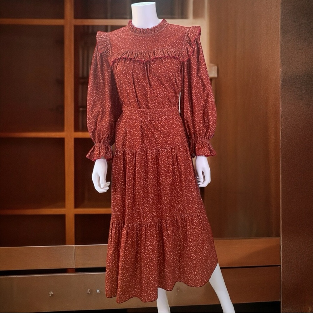 Doen Mountain Dress Red Ruffle Floral Size Large